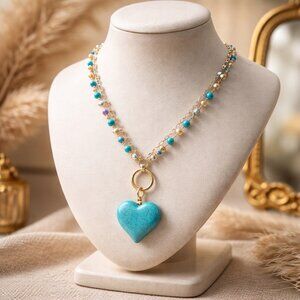 Turquoise color heart pendant with Rosary Chain